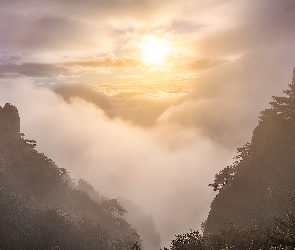 Prowincja Anhui, Mgła, Huang Shan, Chiny, Morze mgieł, Góry, Wschód słońca