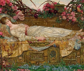 Kobieta, Śpiąca, Obraz, Malarstwo, Archibald Wakley, Ogród