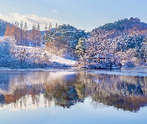 Yongbiji, Odbicie, Korea Południowa, Drzewa, Zima, Jezioro, Wzgórza, Altana