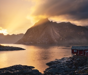 Lofoty, Hamnoy, Góry, Norwegia, Domy, Morze, Zachód słońca