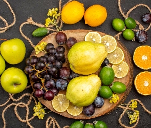 Winogrona, Gruszki, Owoce, Jabłka, Sznurek, Cytryny, Deska, Pomarańcze