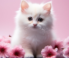 Grafika, Różowe tło, Mały, Kot, Biały, Kwiaty