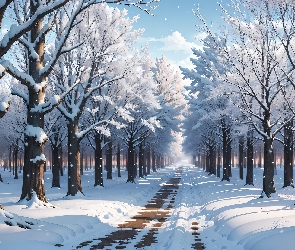 Grafika, Droga, Śnieg, Zima, Las, Drzewa