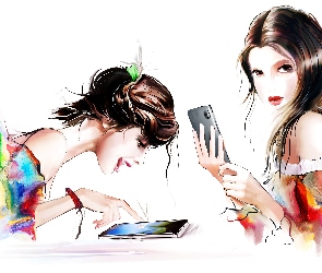 Tablet, 2D, Grafika, Komórka, Młode Dziewczyny