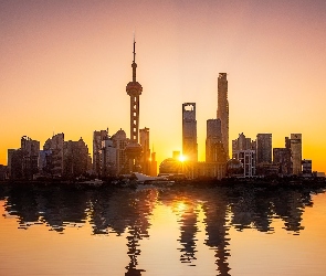 Rzeka, Szanghaj, Chiny, Zachód Słońca, Wieżowce, Hangpu, Oriental Pearl Tower, Pudong