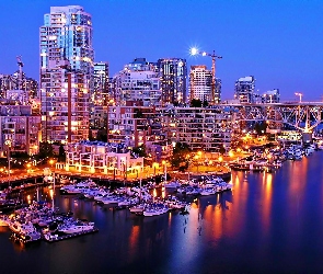 Marina, Nocą, Vancouver, Jachty, Drapacze Chmur