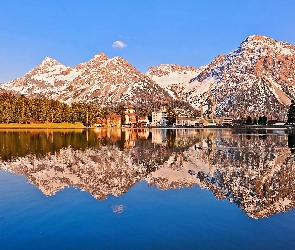 Jezioro, Odbicie, Budynki, Las, Góry