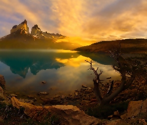 Jezioro, Chile, Zachód Słońca, Skały, Góry
