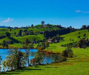 Jezioro, Wieś, Domy, Wzgórza