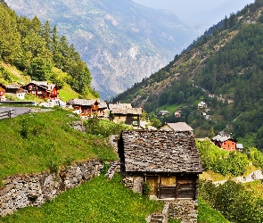 Alpy, Góry, Valais, Dolina Saas, Wioska, W Kantonie, Lasy