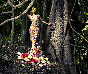 Kobieta, Drzewa, Kwiaty, Las, Suknia
