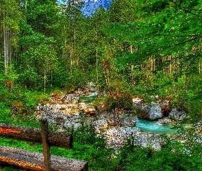 HDR, Góry, Potok, Las, Kamienie, Ławka