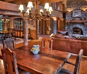 Salon, Kominek, Ściany, Drewniane