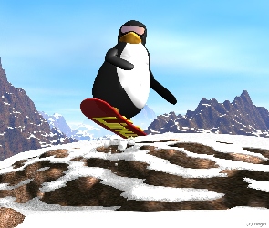 Snowbord, Linux, Zima, Śnieg, Pingwin