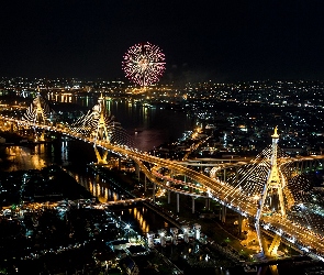Tajlandia, Most, Miasto, Nocą, Bangkok