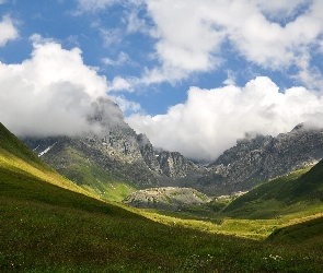 Dolina, Niebo, Chmury, Góry