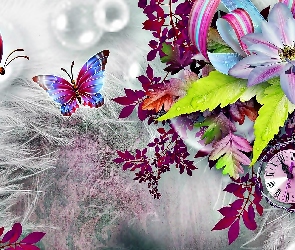 Kwiaty, Zegar, Motyle, Liście
