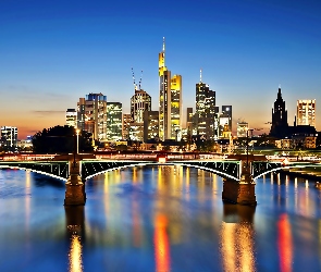 Men, Rzeka, Nocą, Frankfurt, Panorama, Miasta, Most