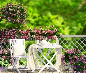 Ogród, Krzesło, Kwiaty, Stolik, Taras