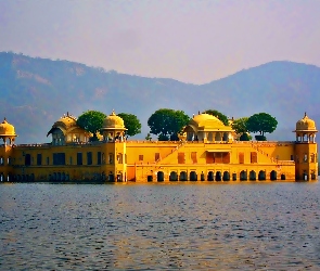 Jaipur, Jal Mahal, Góry, Wschód Słońca, Jezioro, Pałac