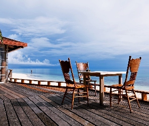 Palma, Krzesła, Morze, Plaża, Taras, Stolik