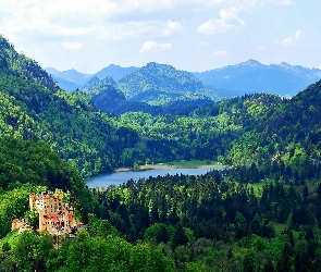 Bawaria, Hohenschwangau, Lasy, Góry, Jezioro, Zamek