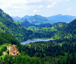 Góry, Lasy, Bawaria, Zamek, Hohenschwangau, Jezioro