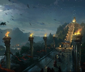 Grafika, Kolumny, Księżyc, Fantasy, Ogień, Noc, Most