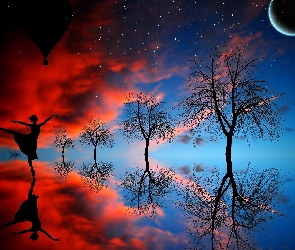 Taniec, Gwiazdy, Księżyc, Drzewa, Kobieta