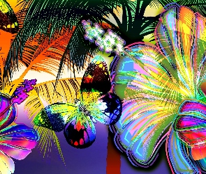 Grafika 2D, Motyle, Kolorowe, Kwiaty