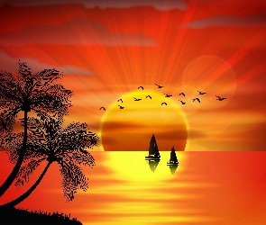 Zachód Słońca, Grafika 2D, Palmy, Morze