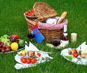 Piknik, Owoce, Łąka, Koszyk, Wino, Warzywa