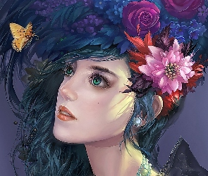Kobieta, Motyl, Kwiaty
