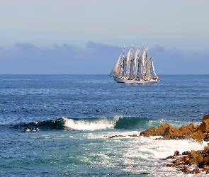 Fale, Kamienie, Żaglowiec, Ocean Atlantycki