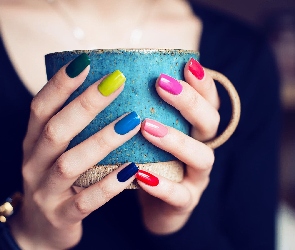 Kolorowe, Kubek, Manicure, Paznokcie, Kobieta