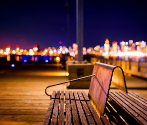 Ławka, Molo, Kanada, Vancouver, Miasto Nocą, Bokeh