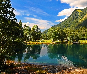 Jezioro, Lato, Niebo, Obłoki, Góry