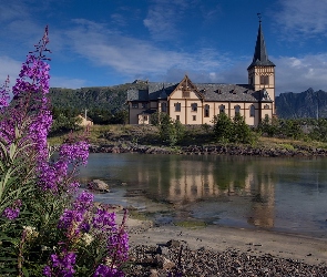 Góry, Kwiaty, Rzeka, Norwegia, Budynek, Purpurowe