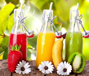 Kwiaty, Sok, Banan, Kiwi, Truskawka, Butelki