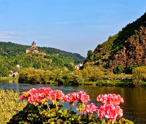 Miasto Cochem, Zamek Reichsburg, Pelargonie, Rzeka Mozela, Góry, Lasy, Niemcy