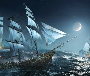 Żaglowce, Fale, Morze, Noc
