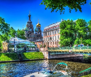 HDR, Kościół, Sankt Petersburg, Rosja, Rzeka, Most