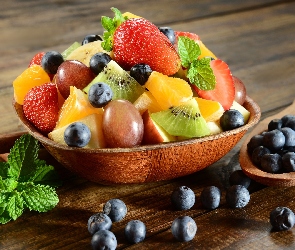 Łyżka, Pomarańcza, Kiwi, Miska, Kawałki, Owoce, Truskawka, Borówka, Różne, Ananas