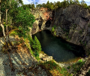 Jezioro, Drzewa, Skały