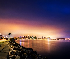 Wybrzeże, San Diego, USA, Światła, Ławka, Chodnik, Noc, Morze