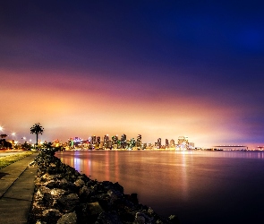 San Diego, Chodnik, USA, Wybrzeże, Noc, Morze, Światła, Ławka