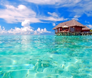 Domki, Malediwy, Chmury, Morze