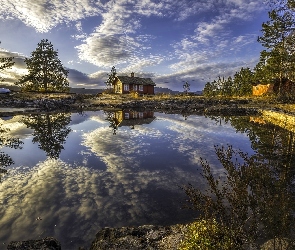 Norwegia, Ringerike, Odbicie, Dom, Chmury, Drzewa, Jezioro