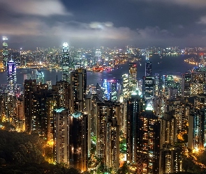Hong Kong, Nocą, Chmur, Miasto, Drapacze