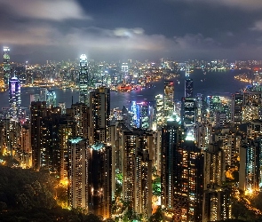 Drapacze, Nocą, Miasto, Chmur, Hong Kong